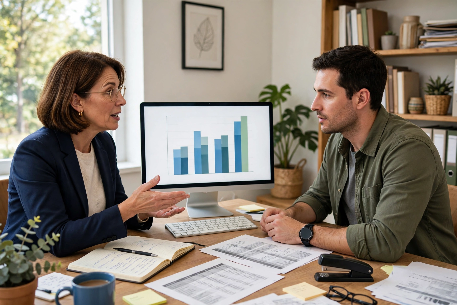 A confident tax advisor and an engaged small-business client discussing strategy together at a desk in a modern office, looking at a computer monitor