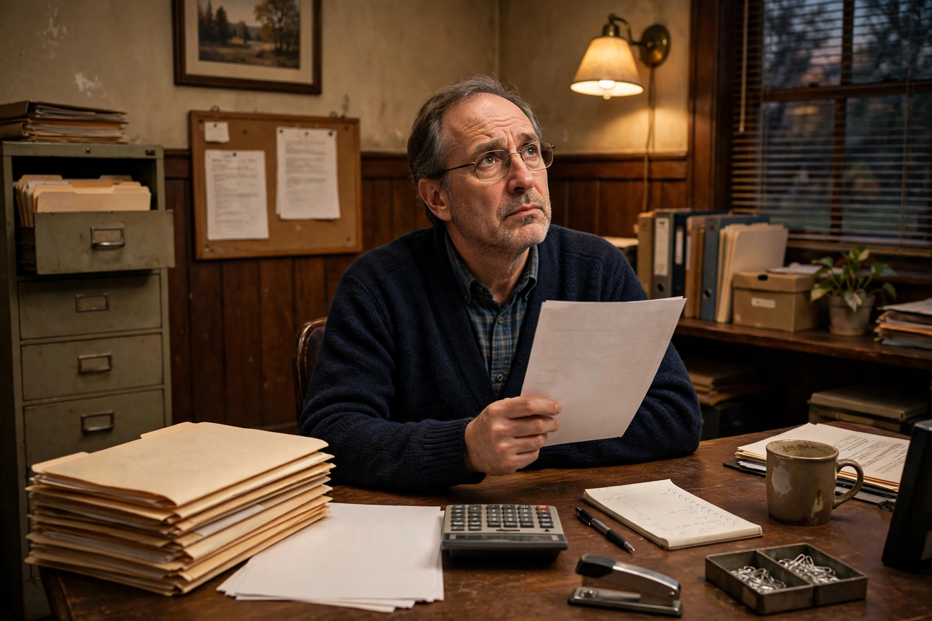 A thoughtful tax preparer in a traditional, paper-heavy small tax office, holding a tax form and looking up with uncertainty about what additional advice to give
