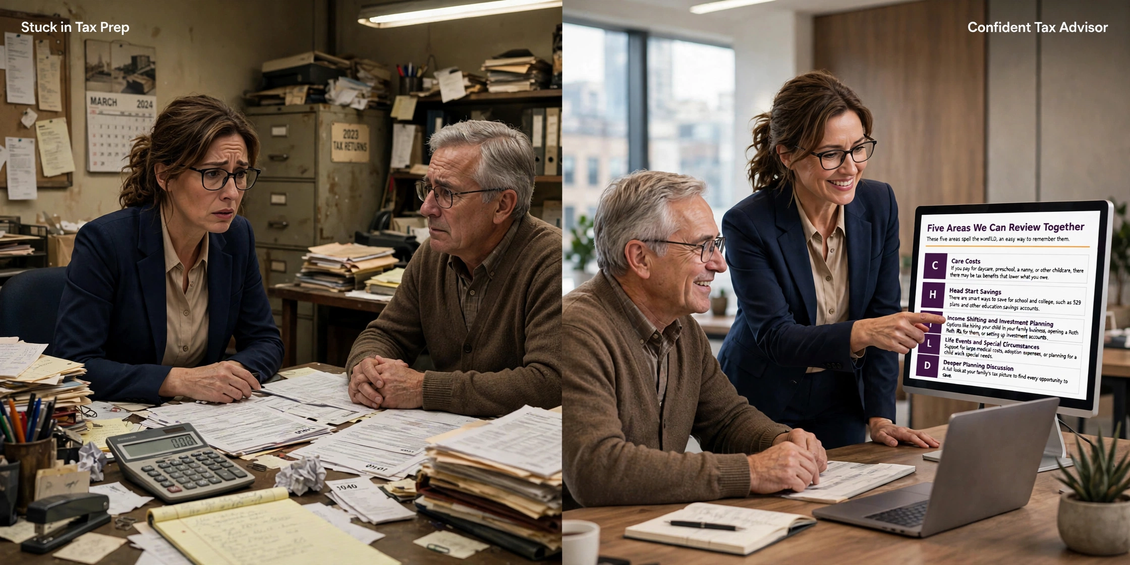 Side-by-side comparison: on the left, an uncertain tax professional surrounded by paper forms in a cluttered old office; on the right, the same professional confidently advising a client in a modern office, pointing to a monitor showing the five-part CHILD Framework