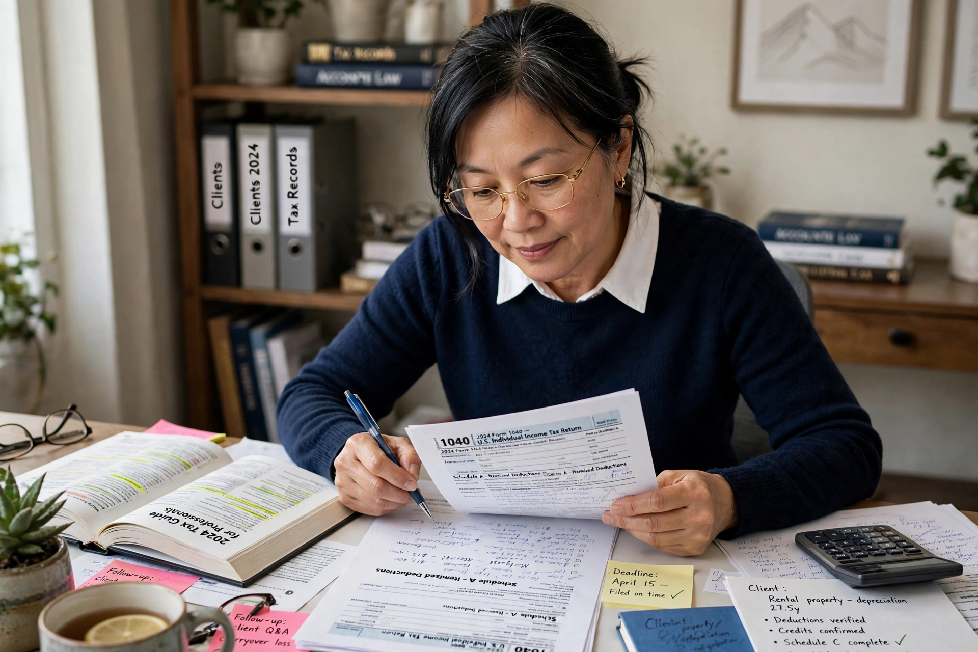 The same tax professional now confident and clear, able to explain the concept to a client