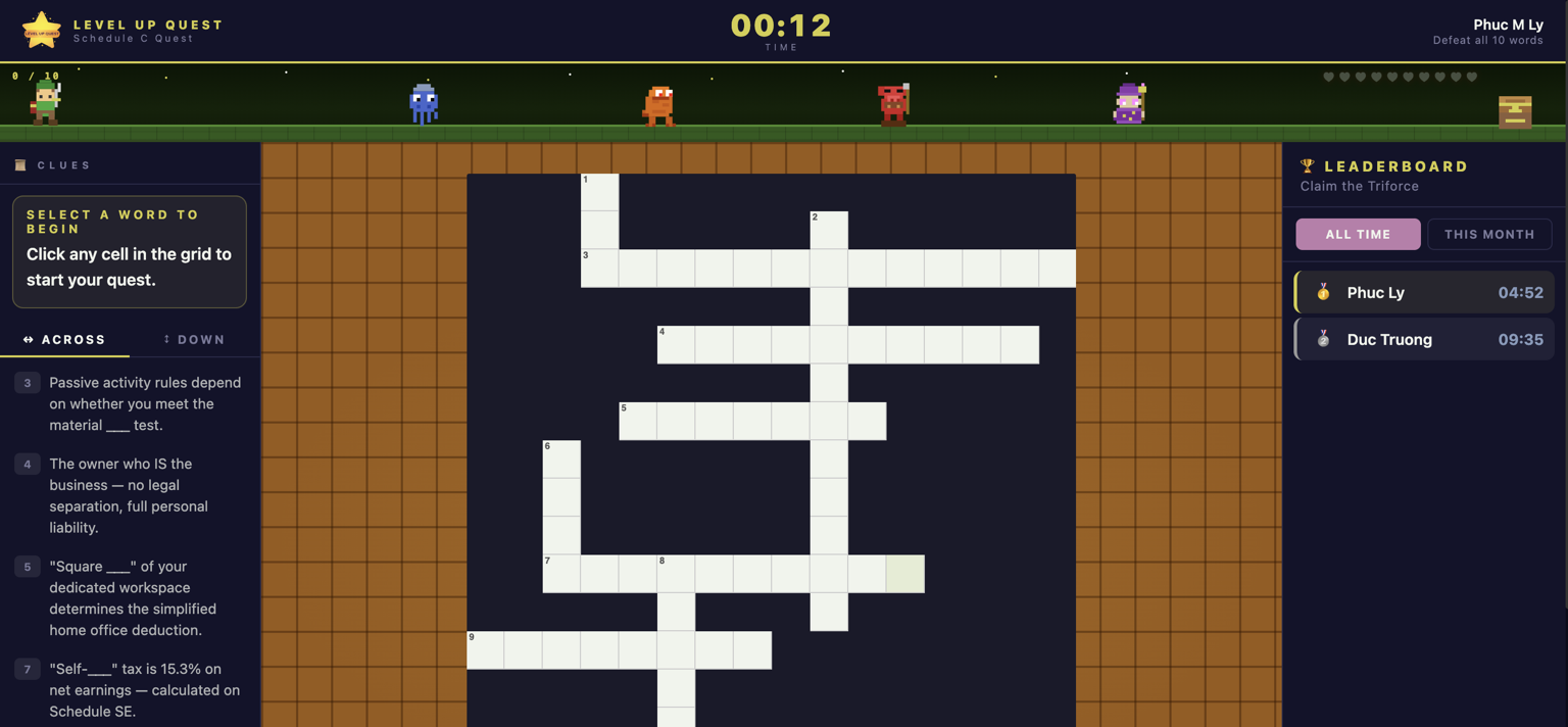 Schedule C Quest: a timed crossword game with characters, clues, a timer, and a leaderboard