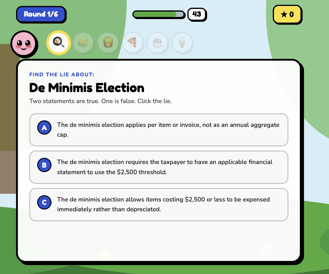 Two Truths and A Lie, STR Tax Strategy Edition: gameplay showing the De Minimis Election question with three answer choices